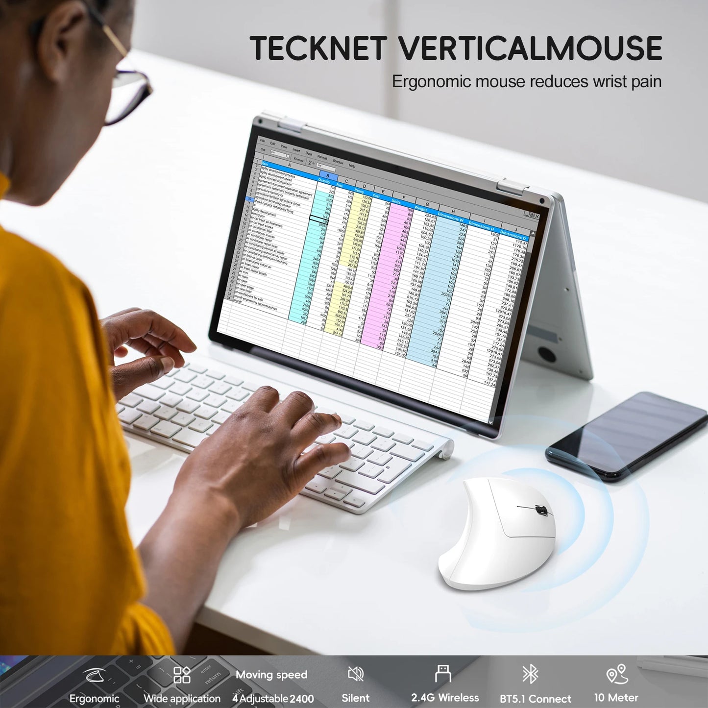 🖱️ 2025 Nuevo mouse vertical dual modo HXSJ ergonómico ABS, recargable 600mAh, 2400DPI, interfaz Type-C inalámbrico para PC