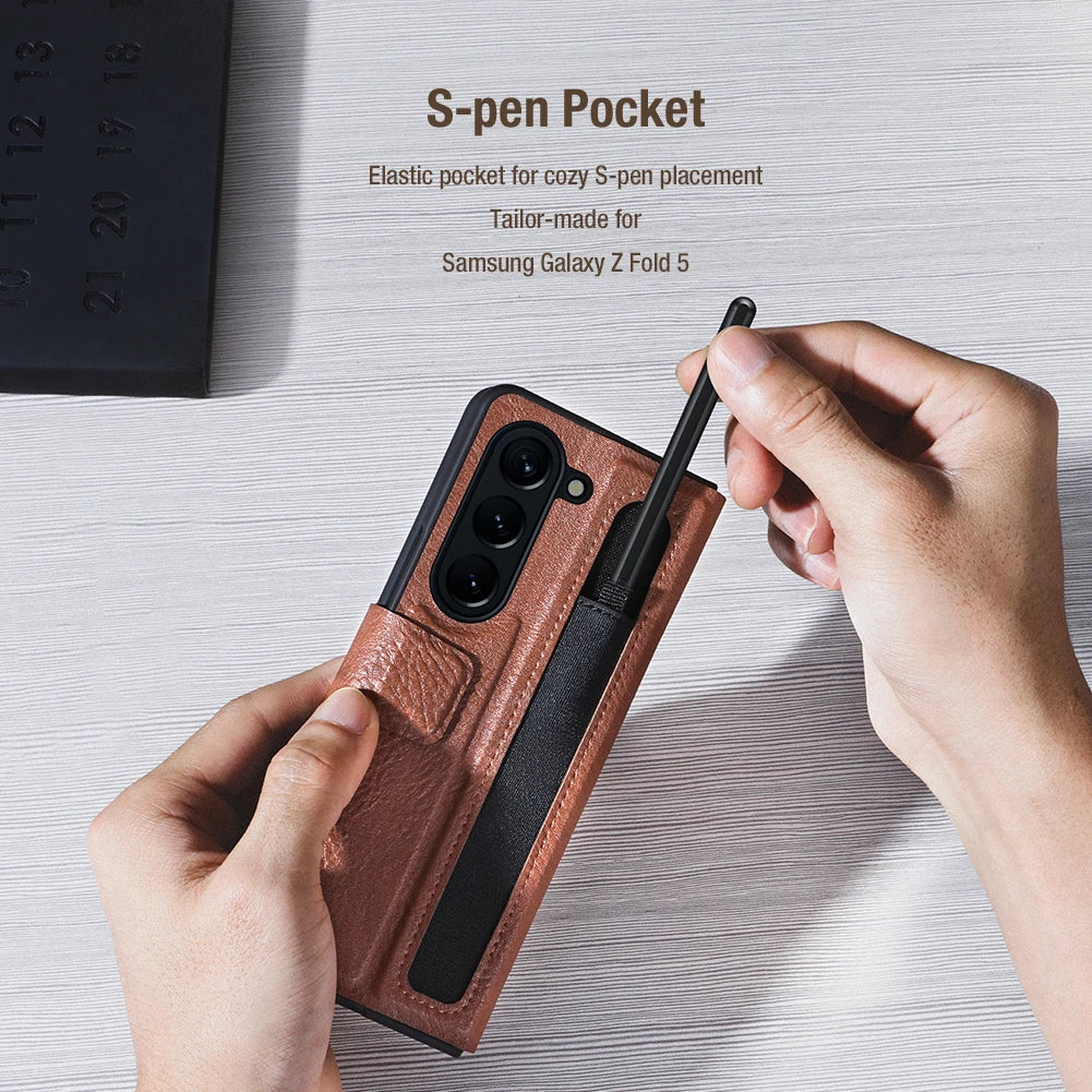 📱 Funda Galaxy Z Fold 6 para Z Fold 5 Aoge Cuero Lujo con Soporte y Ranura S-Pen Nillkin