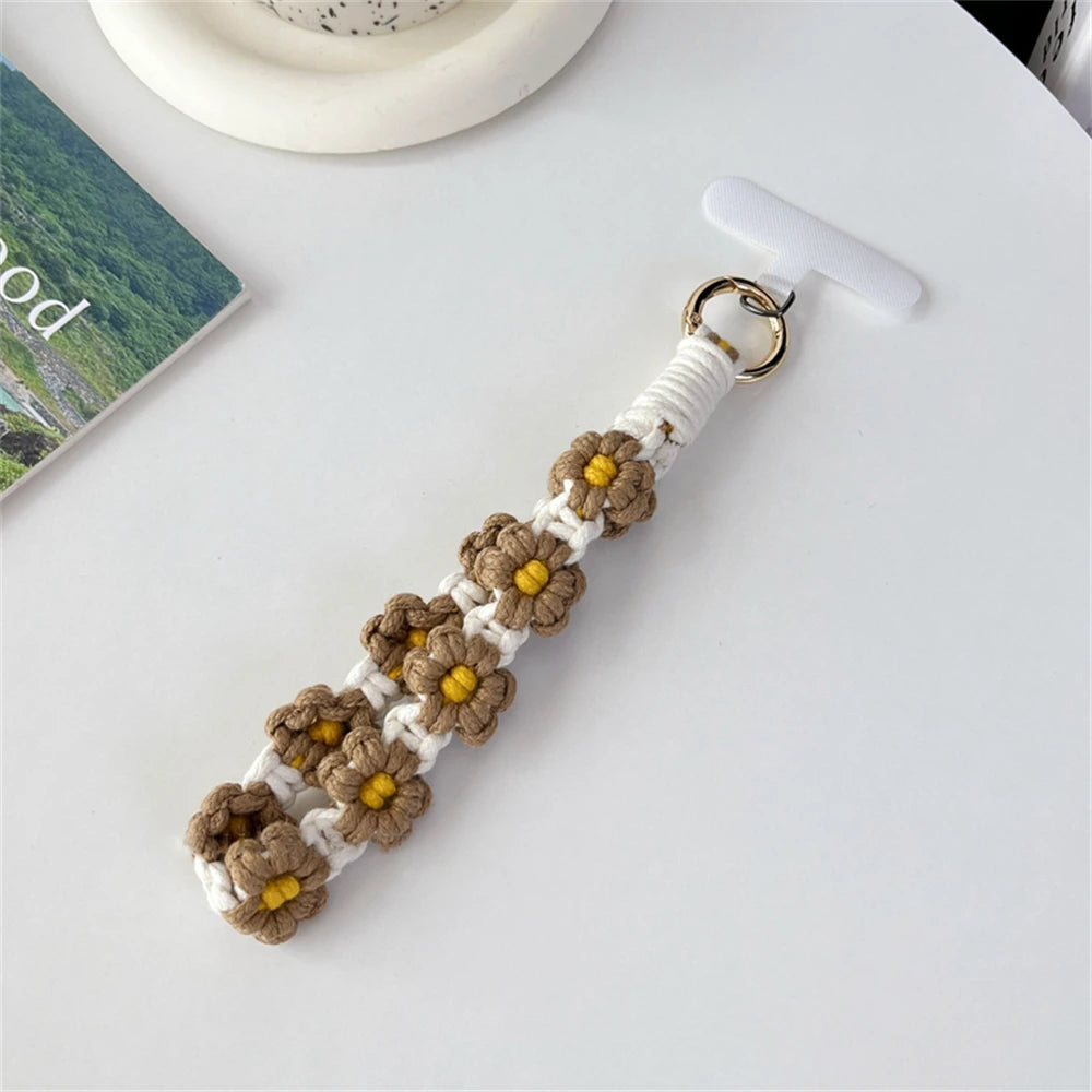 🎀 Pulsera de Flor Tejida de Lujo – Llavero con flor estilo boho, correa corta para la muñeca, ideal como regalo femenino
