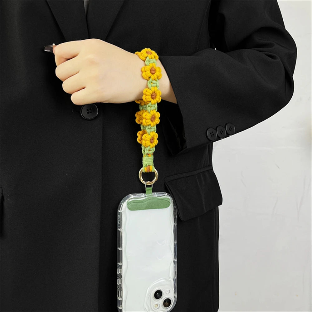 🎀 Pulsera de Flor Tejida de Lujo – Llavero con flor estilo boho, correa corta para la muñeca, ideal como regalo femenino