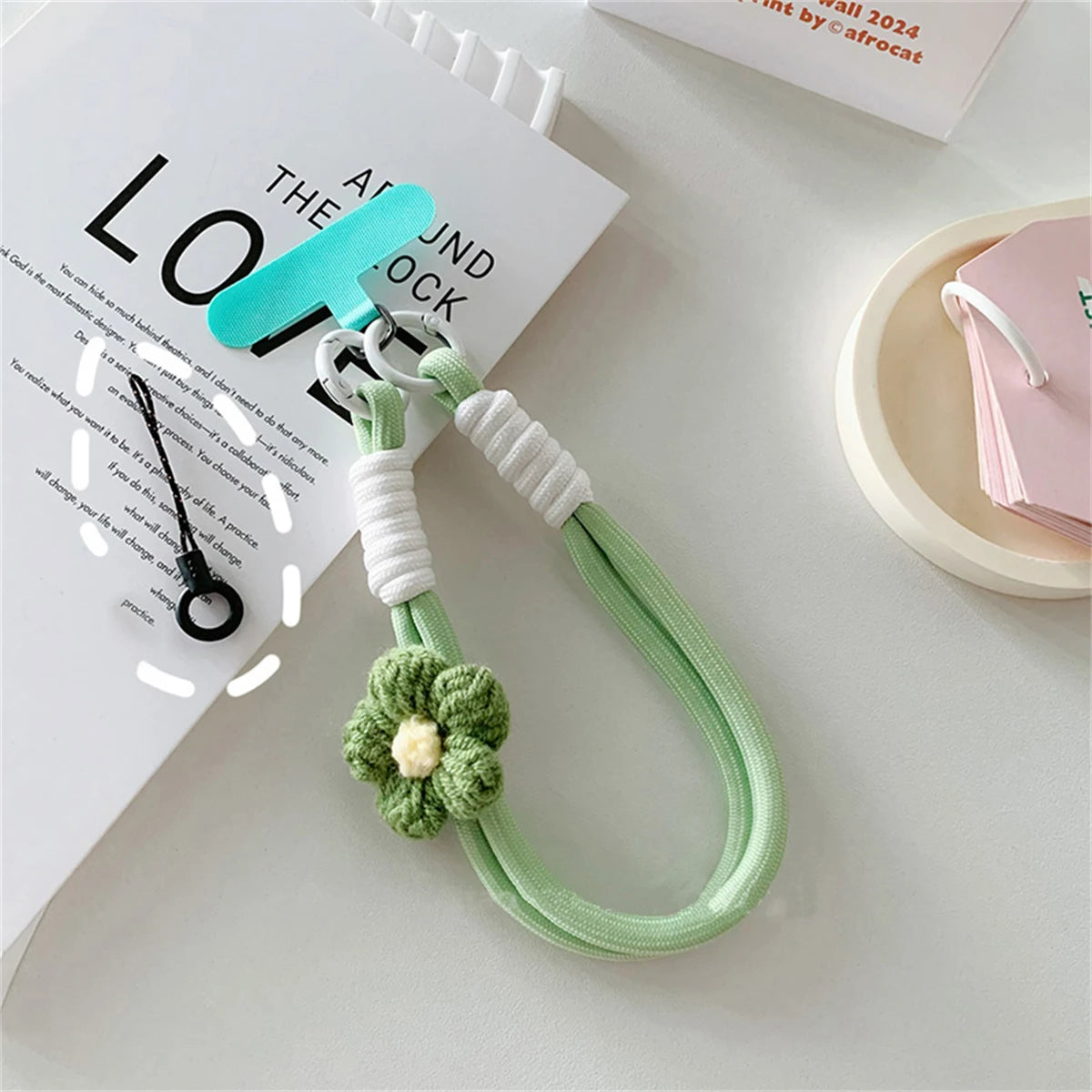 🎀 Lanyard con flor tejida 3D – Correa de cuerda trenzada para celular y llavero, estilo DIY cute