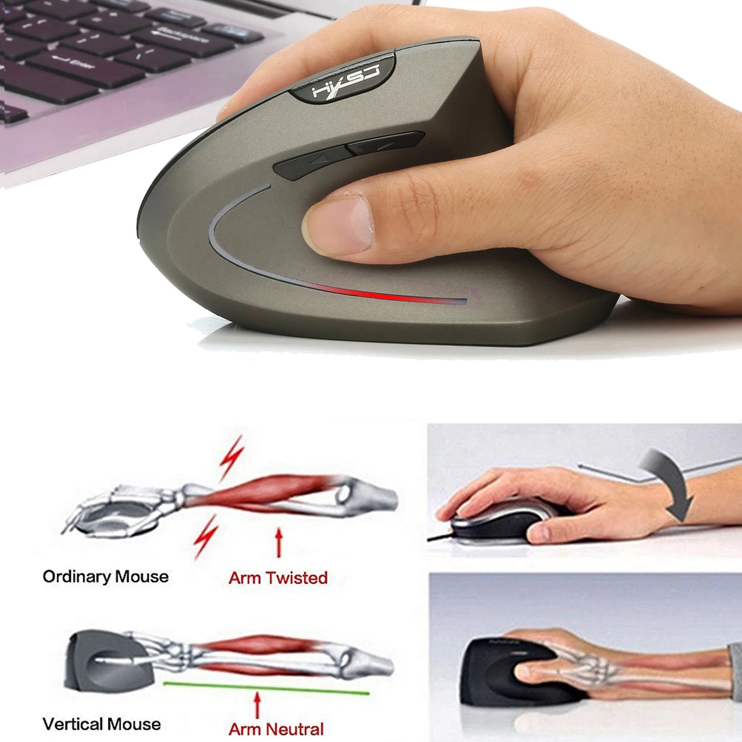 🖱️ HXSJ T24 | Mouse inalámbrico vertical 2.4G, óptico y ergonómico, con diseño saludable y retroiluminación RGB, ideal para gaming, oficina y laptop