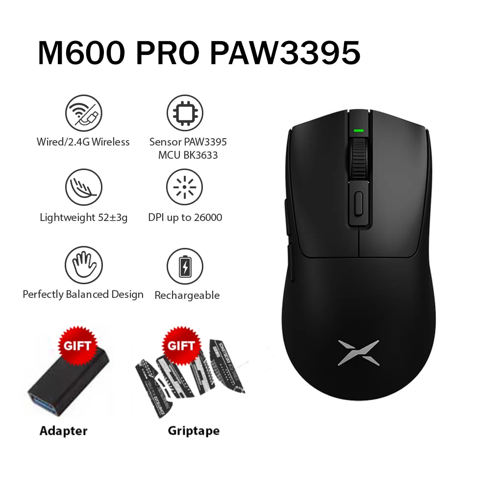 Delux 🖱️ M600 Series Gaming Mouse | 52g Ligero Conexión 2.4G + Alámbrico 26000 DPI Recargable Para PC Gamer y Manos Pequeñas