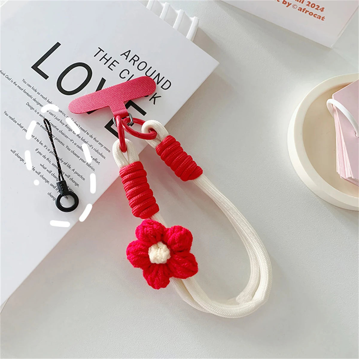 🎀 Lanyard con flor tejida 3D – Correa de cuerda trenzada para celular y llavero, estilo DIY cute