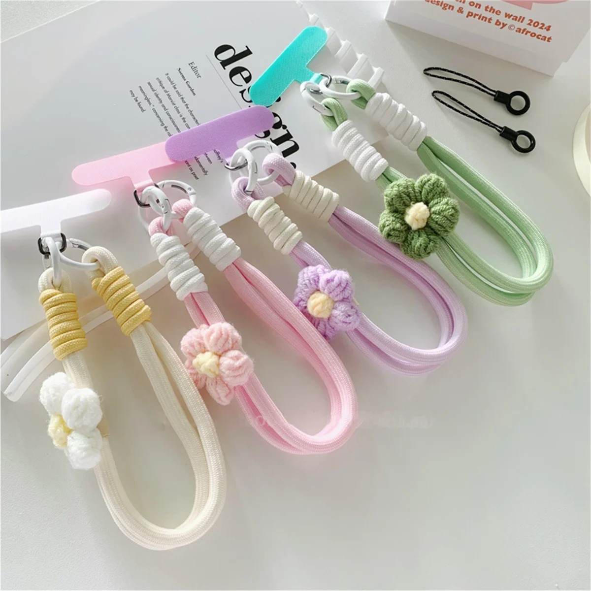 🎀 Lanyard con flor tejida 3D – Correa de cuerda trenzada para celular y llavero, estilo DIY cute