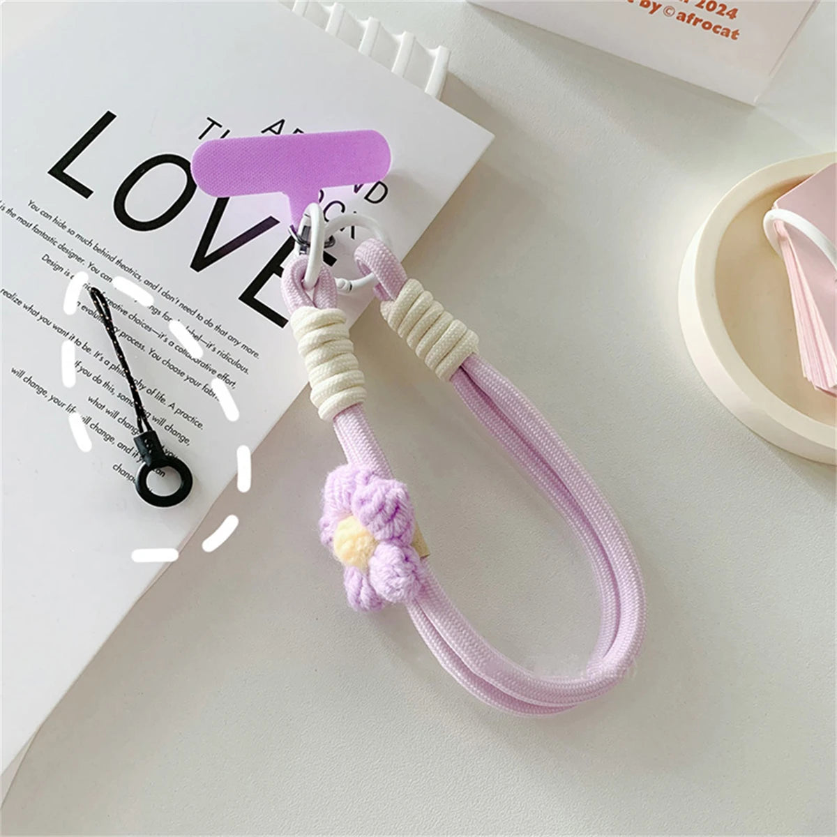 🎀 Lanyard con flor tejida 3D – Correa de cuerda trenzada para celular y llavero, estilo DIY cute