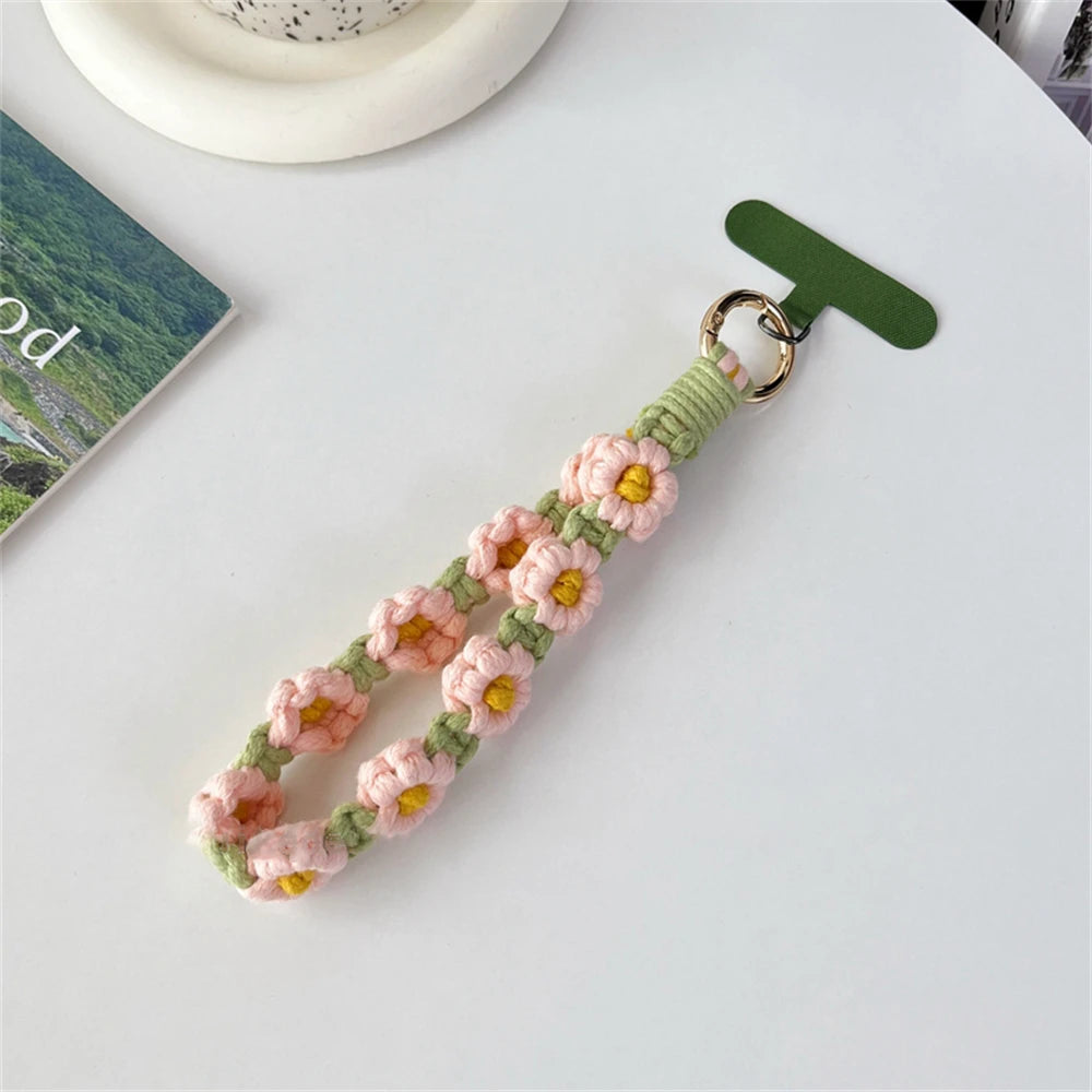 🎀 Pulsera de Flor Tejida de Lujo – Llavero con flor estilo boho, correa corta para la muñeca, ideal como regalo femenino