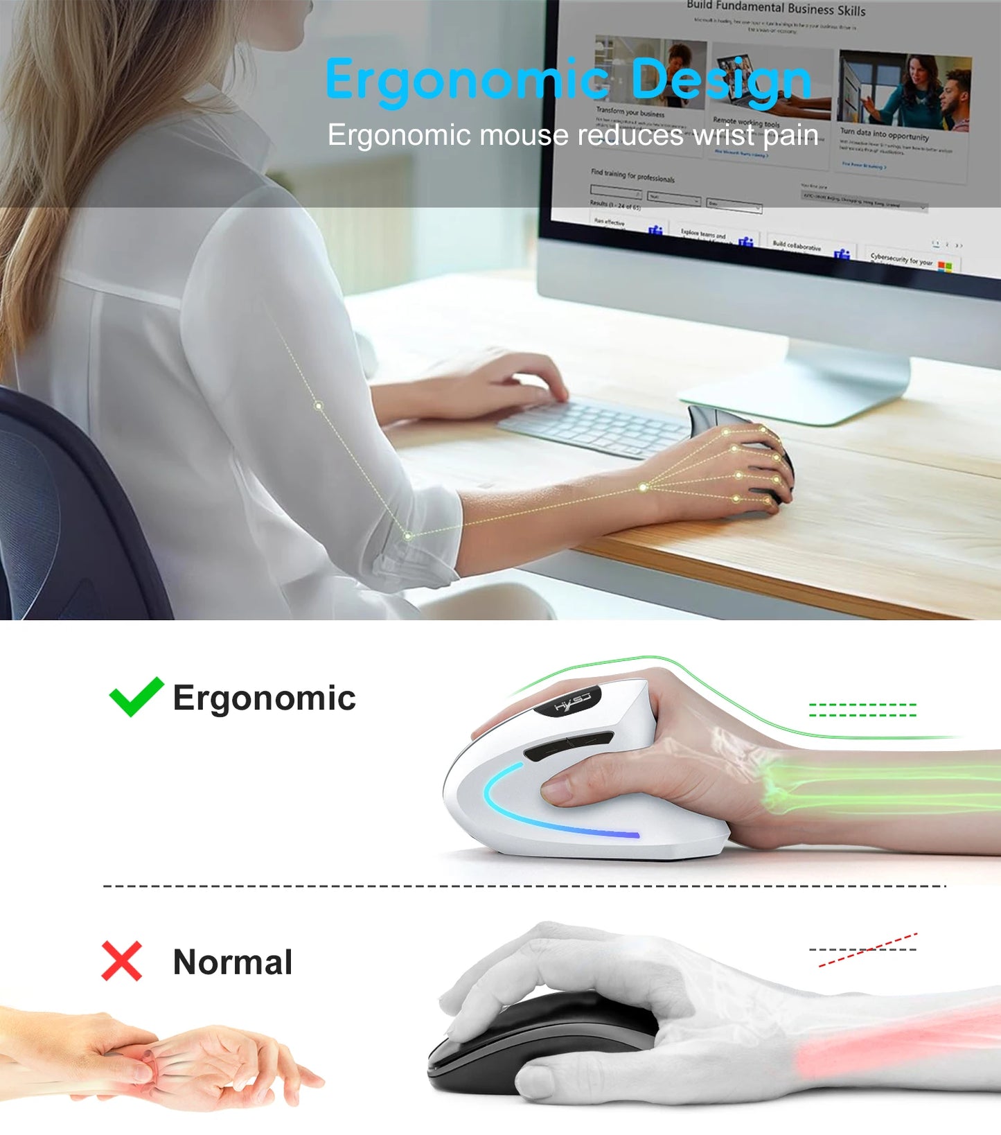 🖱️ 2025 Nuevo mouse vertical dual modo HXSJ ergonómico ABS, recargable 600mAh, 2400DPI, interfaz Type-C inalámbrico para PC