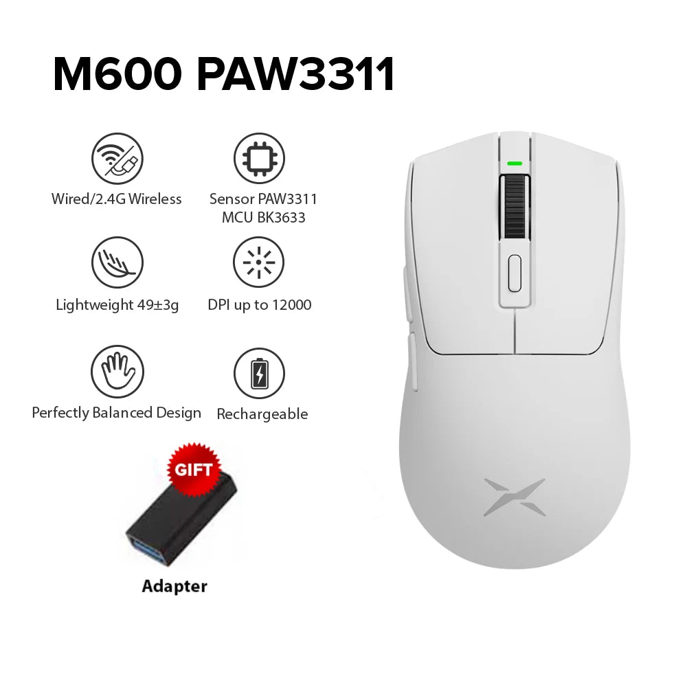 Delux 🖱️ M600 Series Gaming Mouse | 52g Ligero Conexión 2.4G + Alámbrico 26000 DPI Recargable Para PC Gamer y Manos Pequeñas