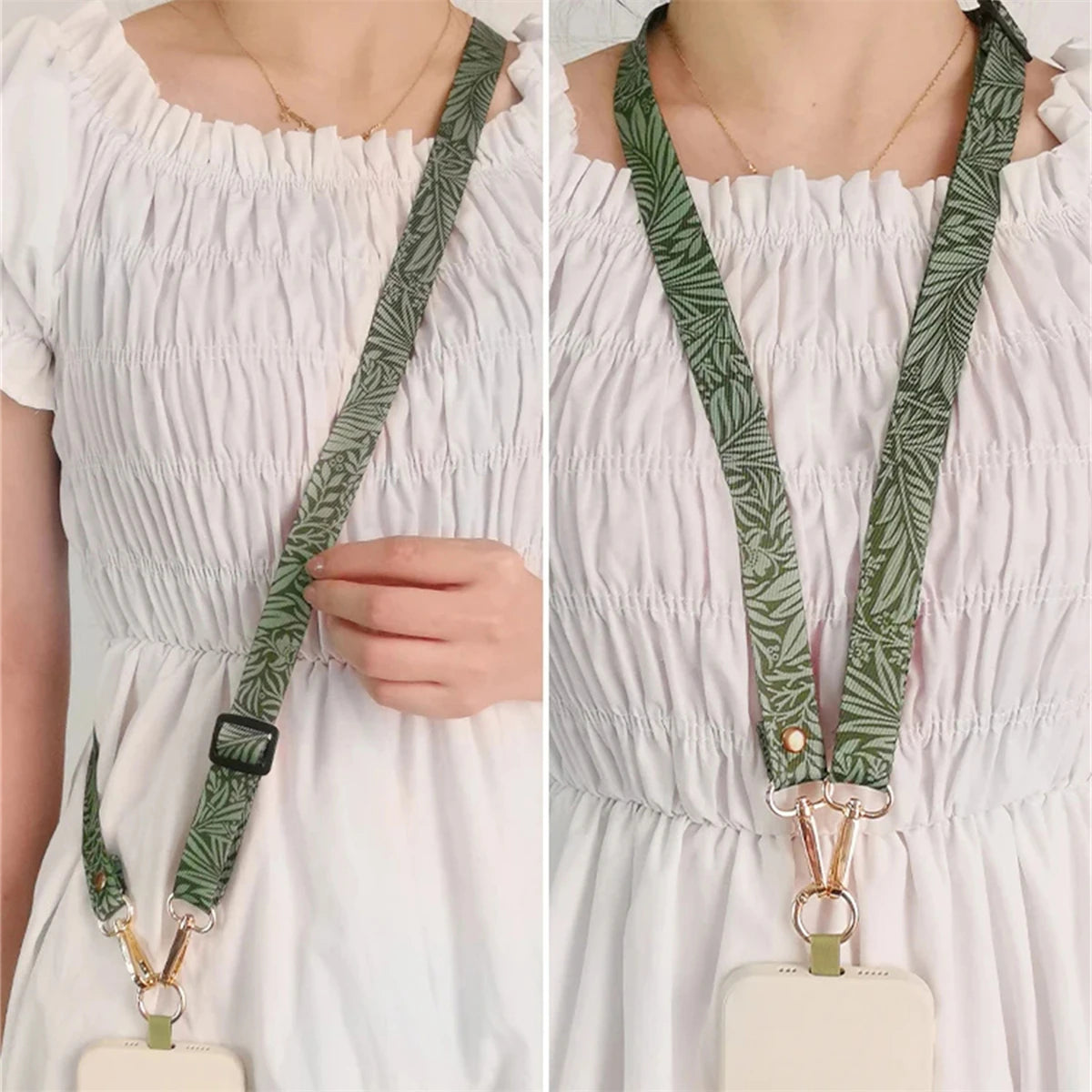 🎀 Correa con hojas verdes – Lanyard ajustable de cuello para celular con parche y cuerda colgante