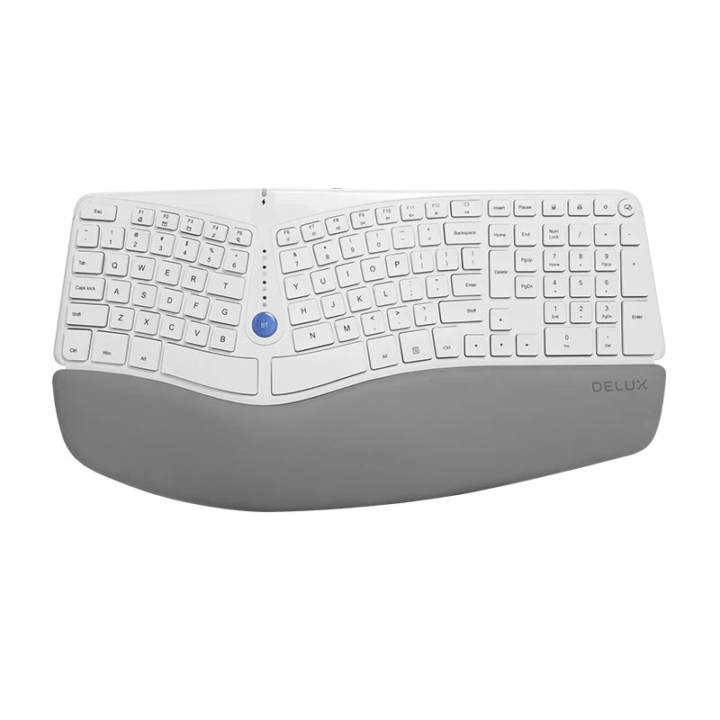 Delux ⌨️ GM901D Teclado Split Ergonómico Wireless | 2.4G USB + Bluetooth Doble BT 1+2 🔋 AAA Batería Reposamuñecas Suave Windows y Mac