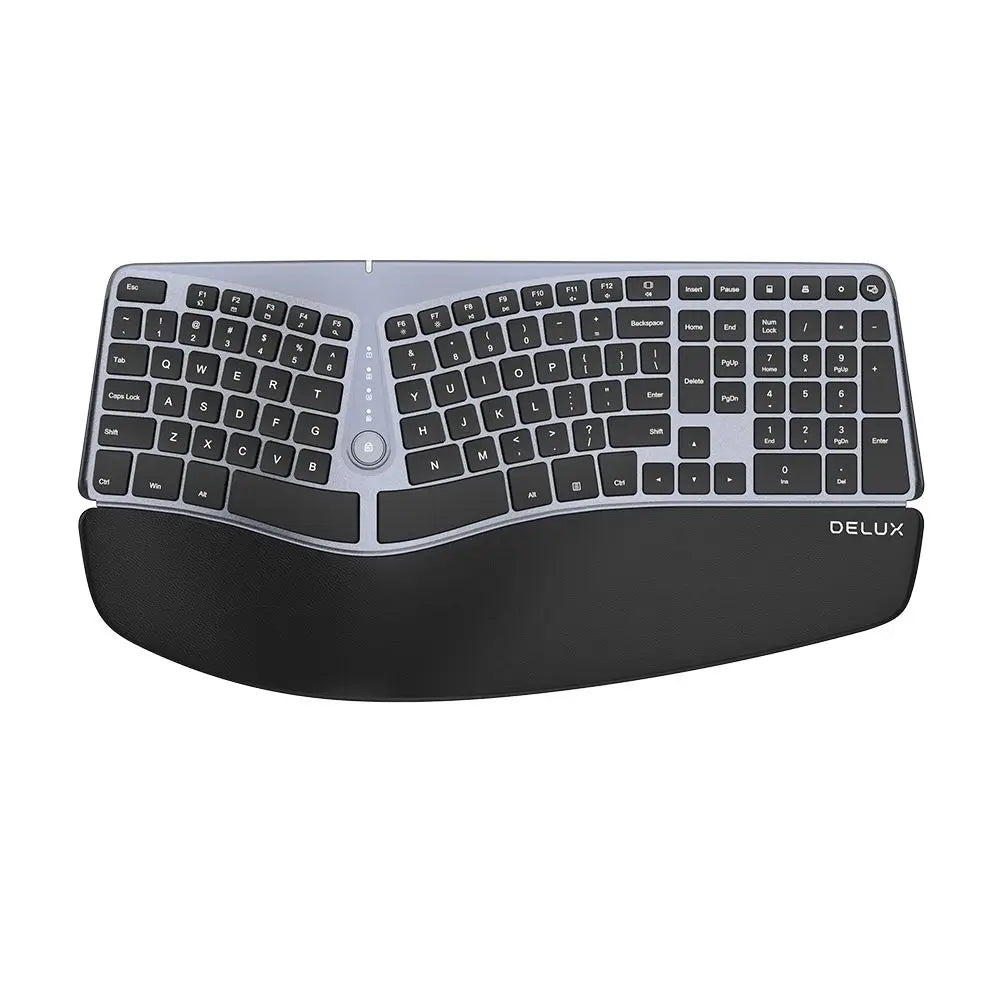 Delux ⌨️ GM901D Teclado Split Ergonómico Wireless | 2.4G USB + Bluetooth Doble BT 1+2 🔋 AAA Batería Reposamuñecas Suave Windows y Mac