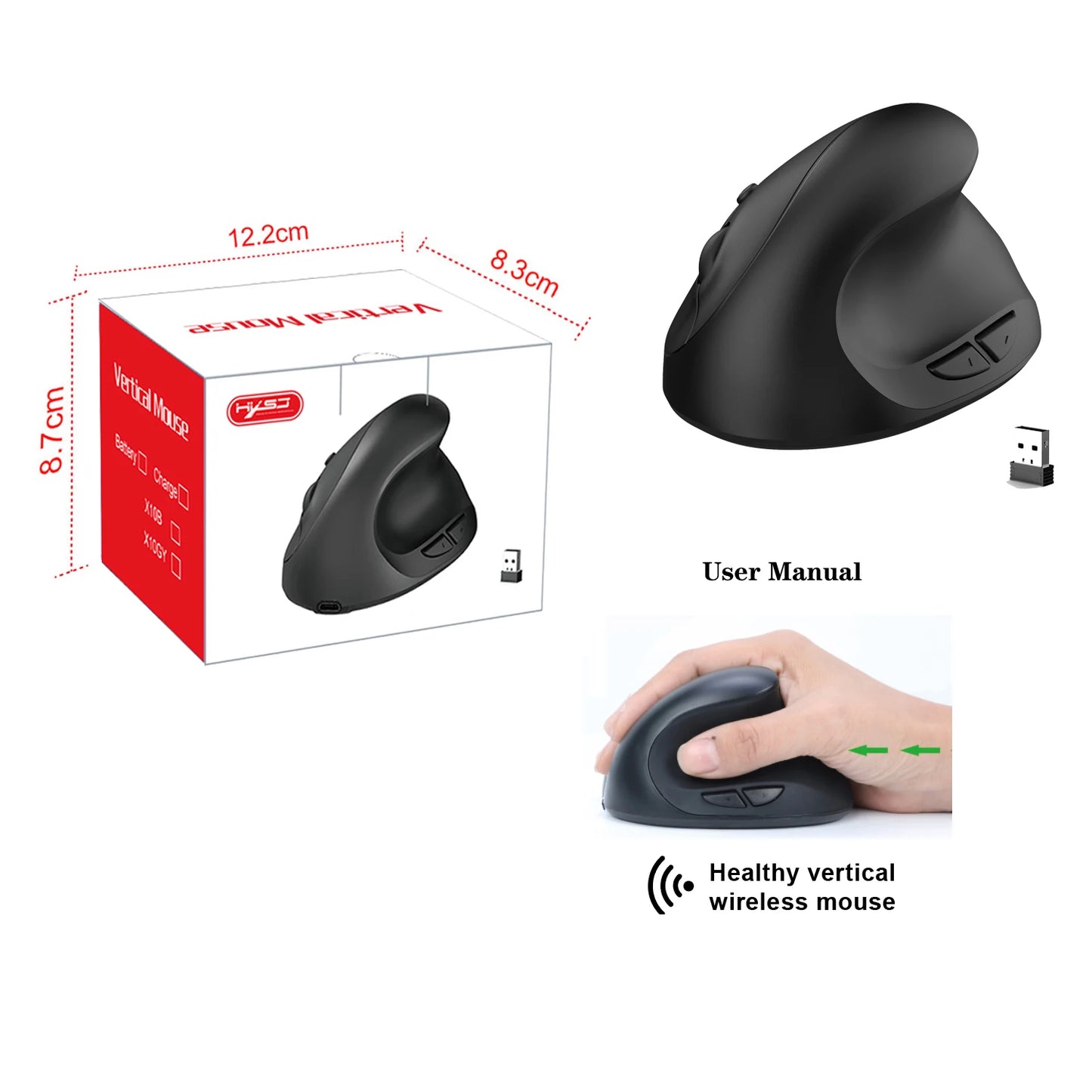 🖱️ Mouse vertical ergonómico HXSJ X10 inalámbrico 2.4G, liviano, DPI ajustable hasta 1600, ideal para oficina y laptop