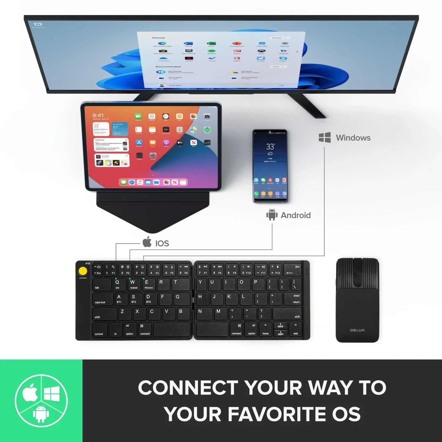 Delux ⌨️🖱️ Set Teclado y Mouse Plegable Wireless | Ultra Slim Portátil Silencioso Multi-Dispositivo Windows, Android, iOS