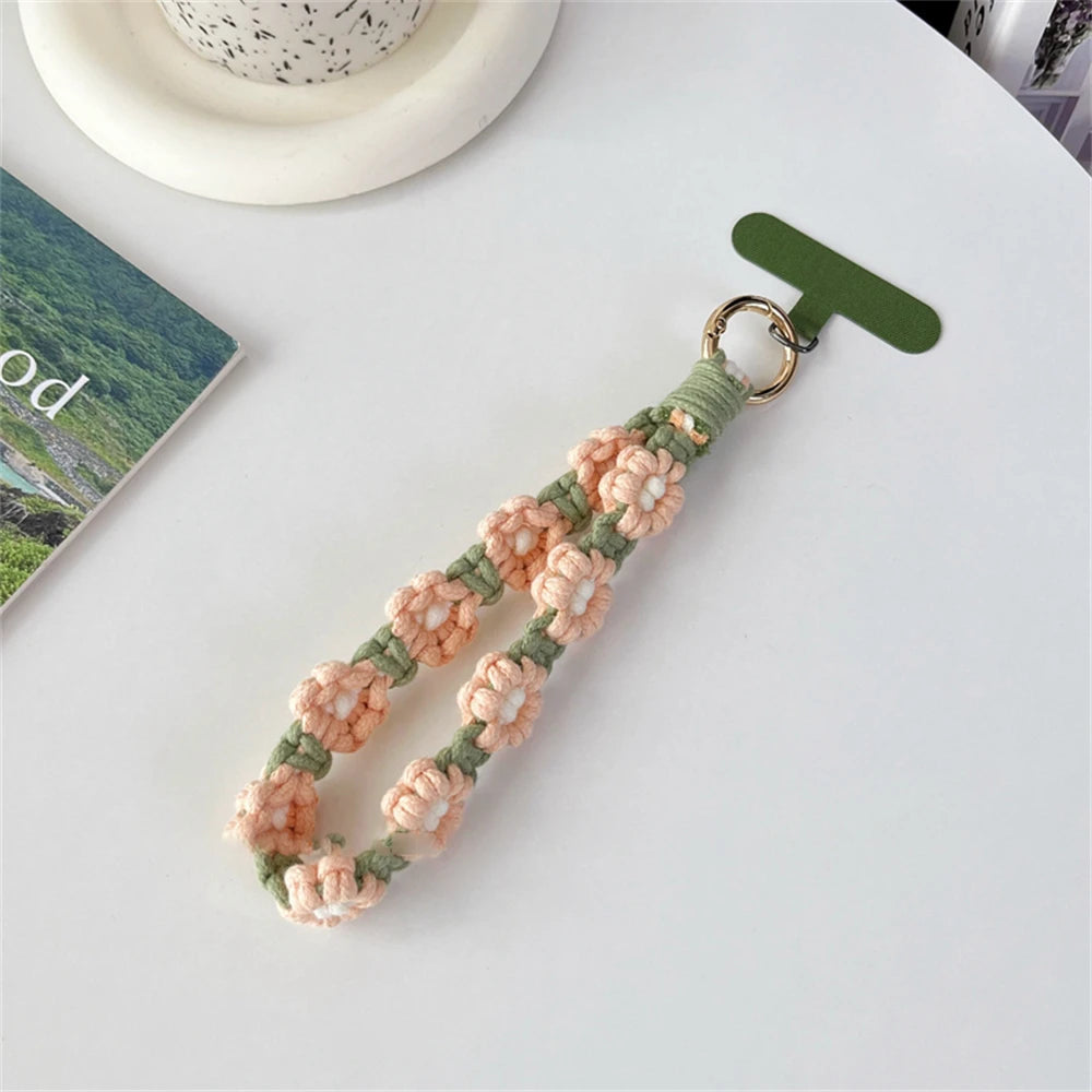🎀 Pulsera de Flor Tejida de Lujo – Llavero con flor estilo boho, correa corta para la muñeca, ideal como regalo femenino