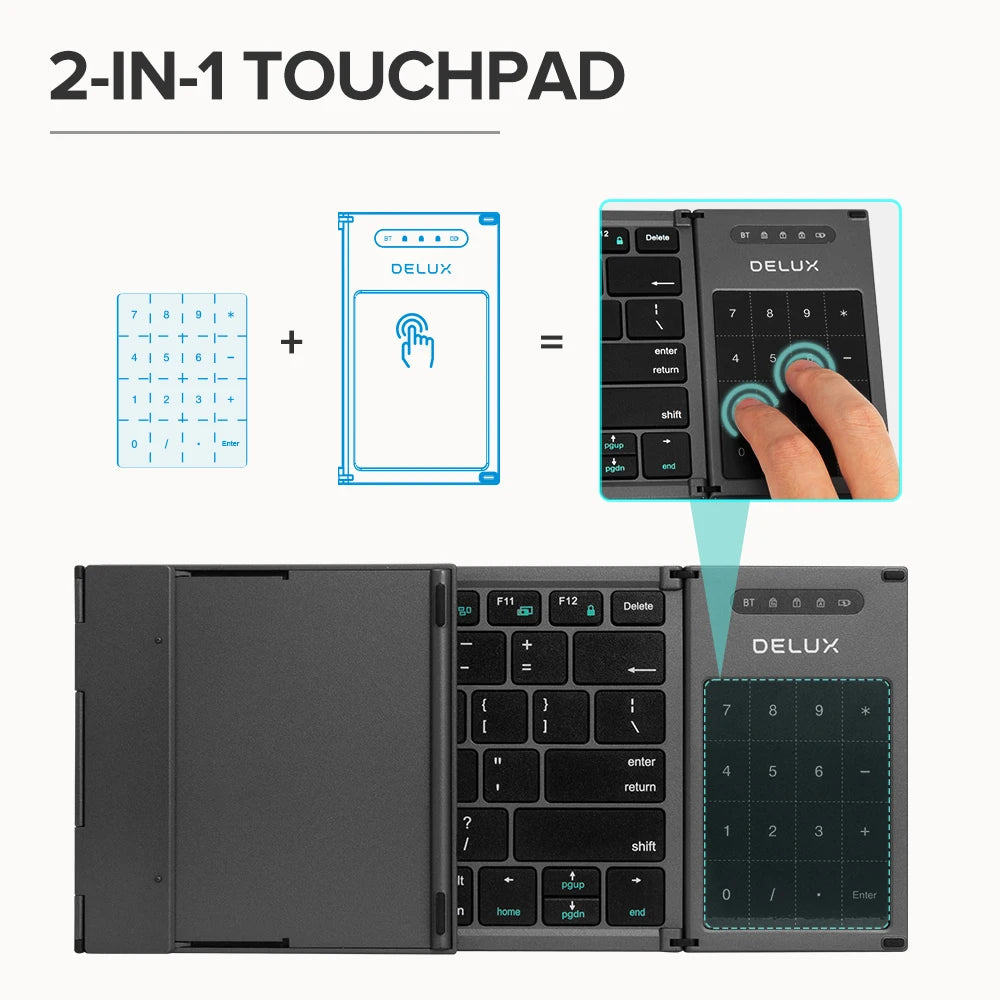 Delux ⌨️ Teclado Plegable Bluetooth Full Size | Ultra Slim con Touchpad 2-en-1 Soporte Multi-Dispositivo