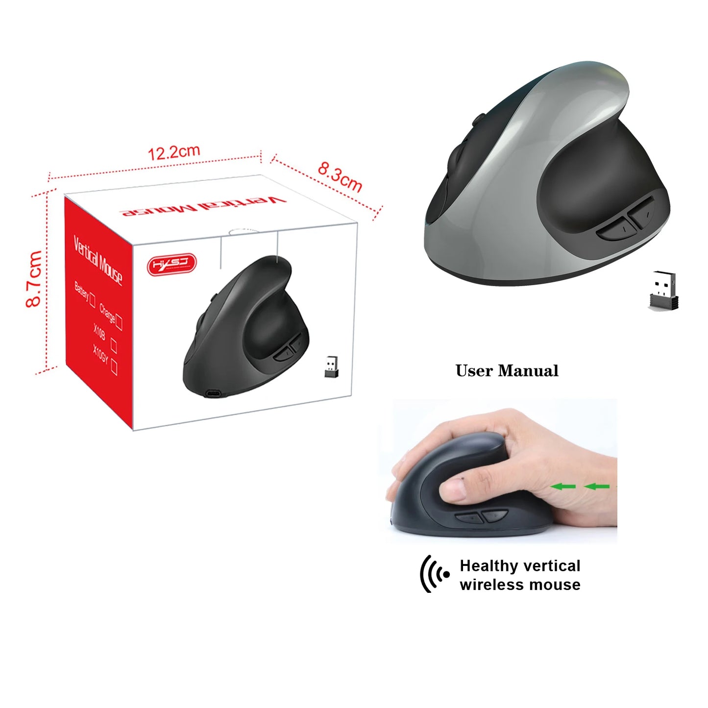 🖱️ Mouse vertical ergonómico HXSJ X10 inalámbrico 2.4G, liviano, DPI ajustable hasta 1600, ideal para oficina y laptop