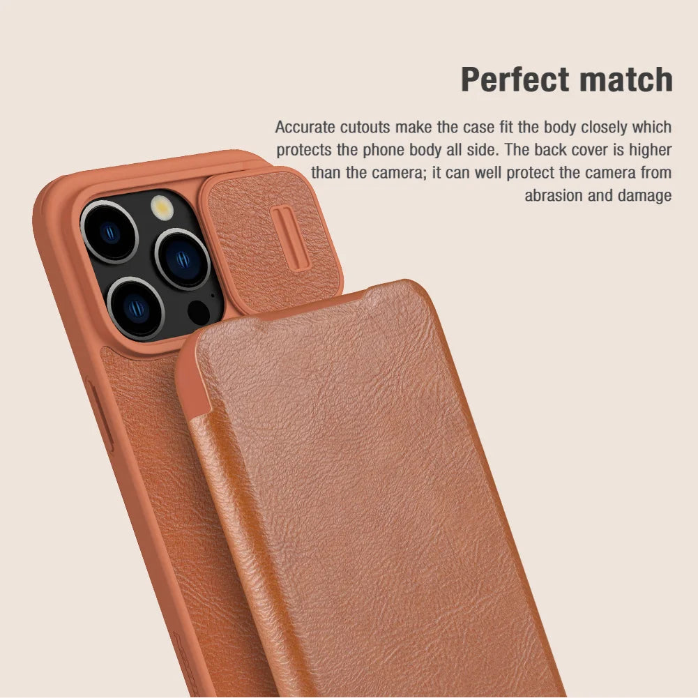 📱 Funda iPhone 15 / 15 Pro | Qin Cuero con Bolsillo y Protección de Lente | Nillkin