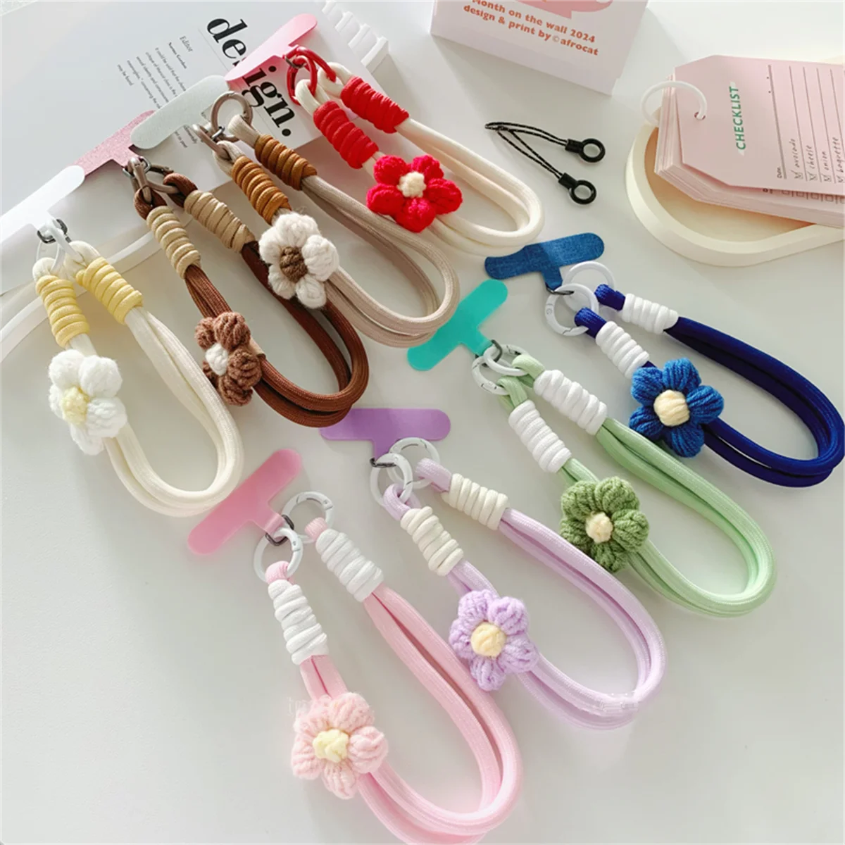 🎀 Lanyard con flor tejida 3D – Correa de cuerda trenzada para celular y llavero, estilo DIY cute