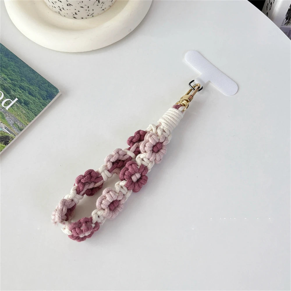 🎀 Pulsera de Flor Tejida de Lujo – Llavero con flor estilo boho, correa corta para la muñeca, ideal como regalo femenino