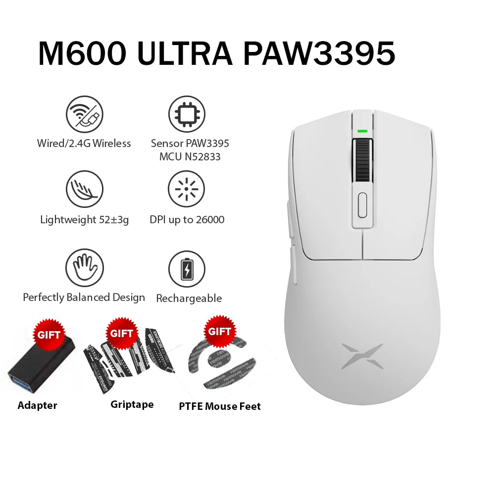 Delux 🖱️ M600 Series Gaming Mouse | 52g Ligero Conexión 2.4G + Alámbrico 26000 DPI Recargable Para PC Gamer y Manos Pequeñas