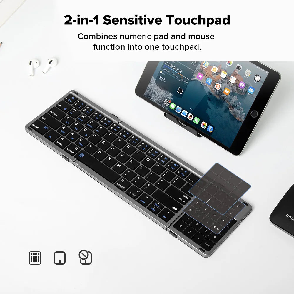 Delux ⌨️ KF18 Teclado Plegable Wireless Bluetooth 2.4G | Recargable Touchpad 2-en-1 Funda de Cuero Portátil Multi-Dispositivo