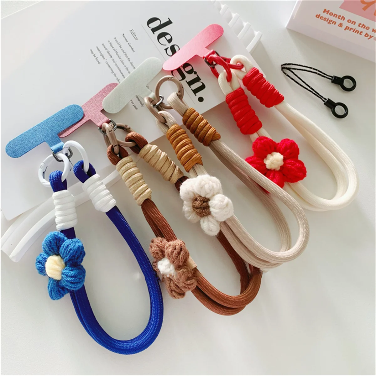 🎀 Lanyard con flor tejida 3D – Correa de cuerda trenzada para celular y llavero, estilo DIY cute