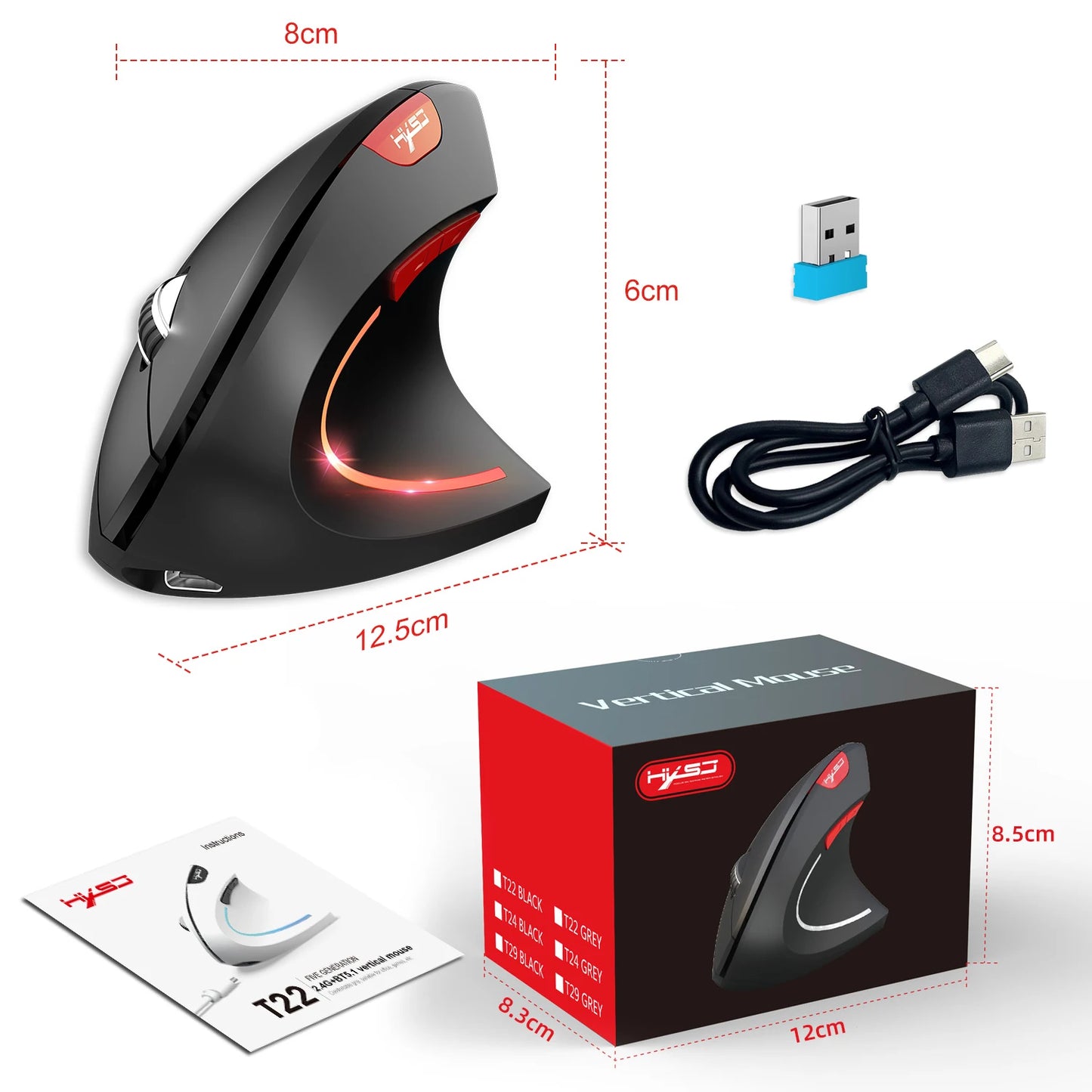 🖱️ Opción destacada: Mouse óptico ergonómico HXSJ, ABS, 2400DPI ajustable, recargable 600mAh, vertical para oficina y Mac