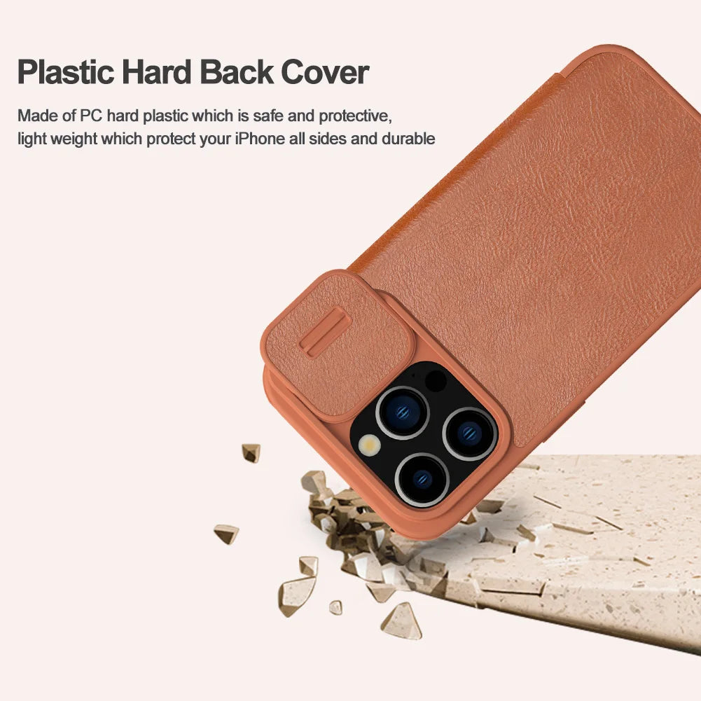 📱 Funda iPhone 15 / 15 Pro | Qin Cuero con Bolsillo y Protección de Lente | Nillkin
