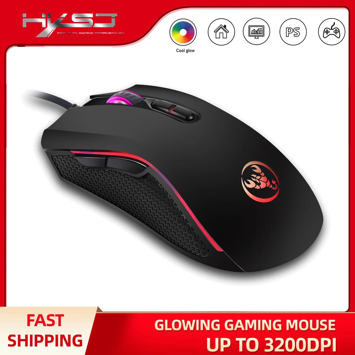 🖱️ Opción popular: HXSJ A869 mouse ergonómico óptico RGB ABS, ajuste de resolución en 4 niveles, cableado para laptop y PC