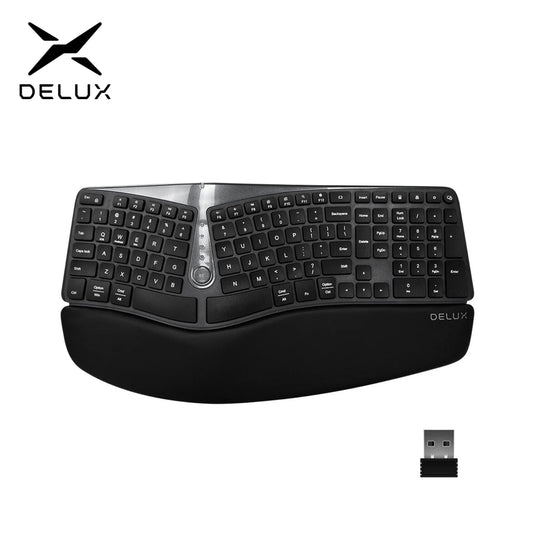 Delux ⌨️ GM901D Teclado Split Ergonómico Wireless | 2.4G USB + Bluetooth Doble BT 1+2 🔋 AAA Batería Reposamuñecas Suave Windows y Mac