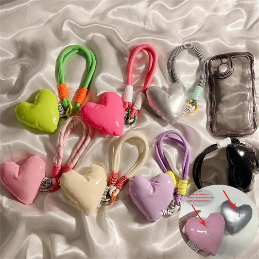 🎀 Lanyard con Corazones Hinchados – Correa decorativa tipo mesh con corazones, para celular o pantalones, lindo y femenino
