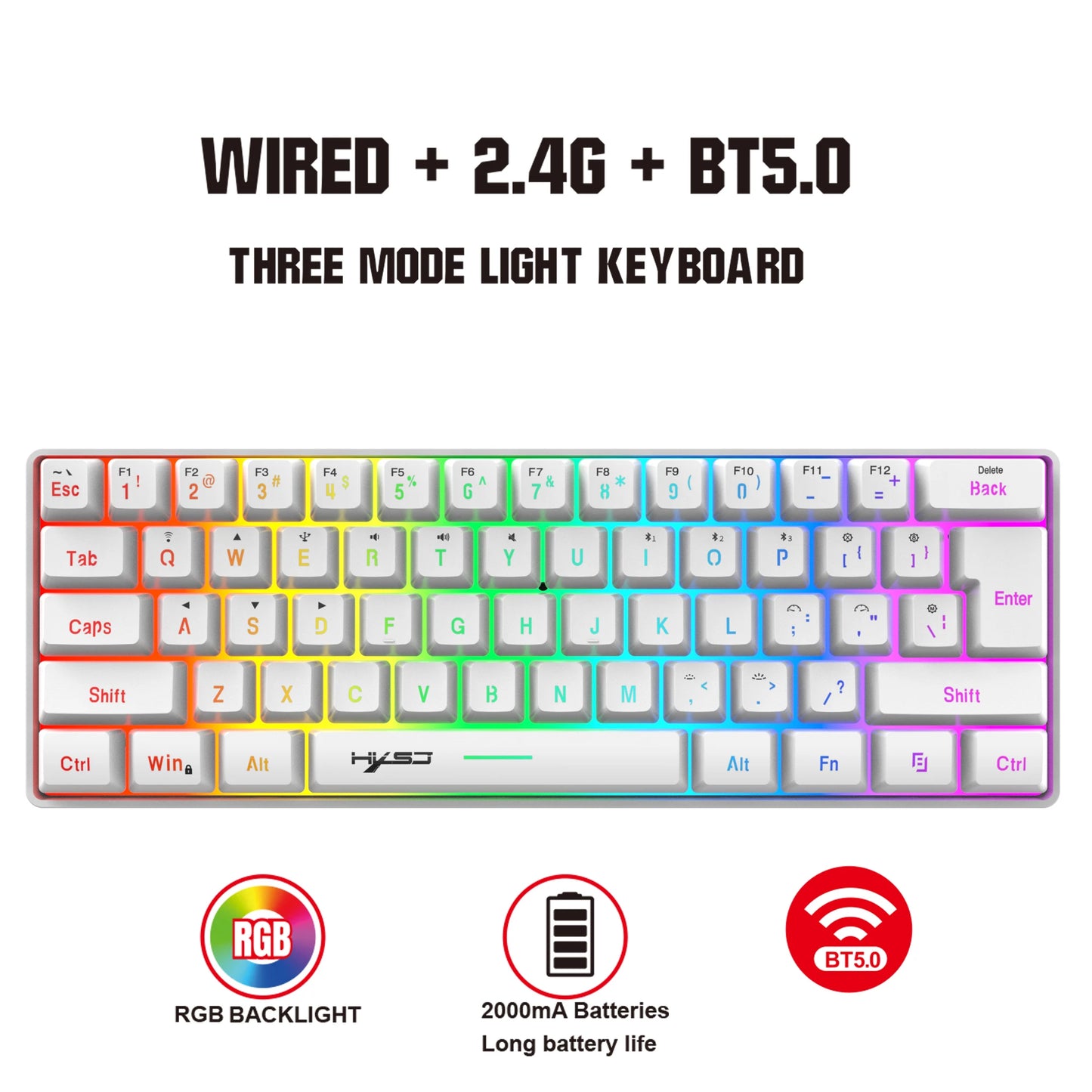 ⌨️ HXSJ Teclado Gamer L500 Tri-Modo | Alámbrico + Inalámbrico 🔄 60% Compacto 💡 Retroiluminación RGB