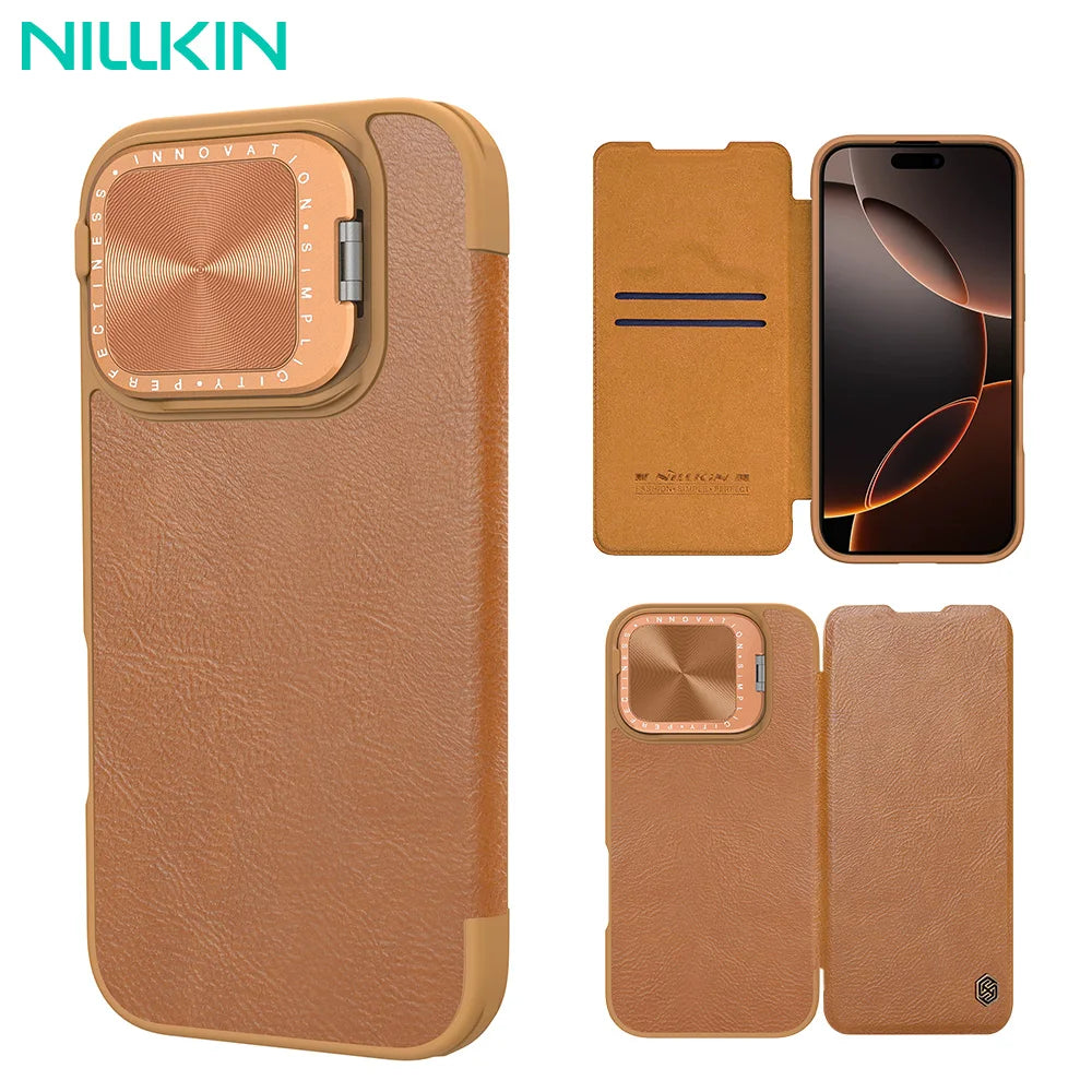 📱 Funda iPhone 16 Pro Max | Cuero Flip Qin Prop con Tarjetero y Protección de Lente | Nillkin
