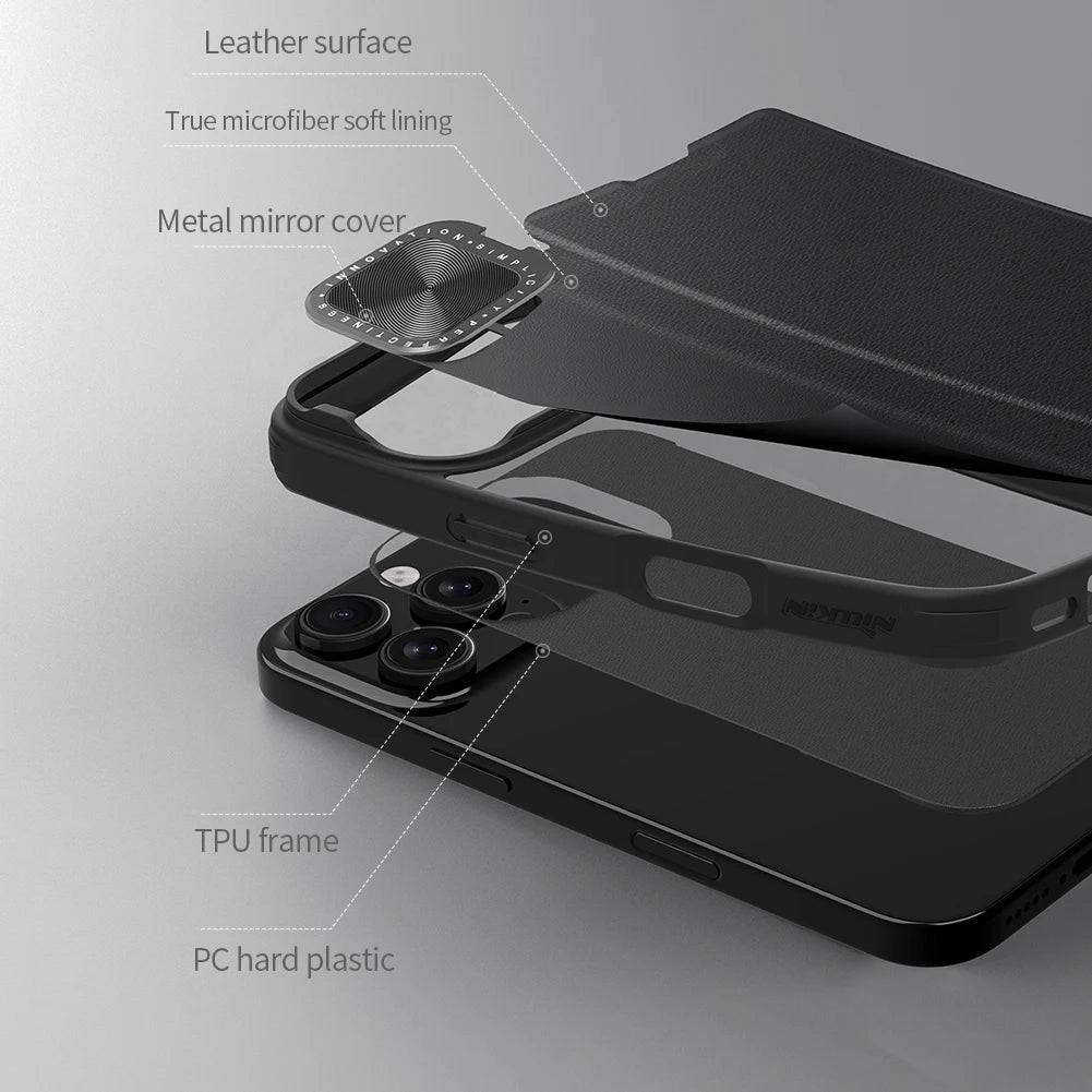 📱 Funda iPhone 16 Pro Max | Cuero Flip Qin Prop con Tarjetero y Protección de Lente | Nillkin