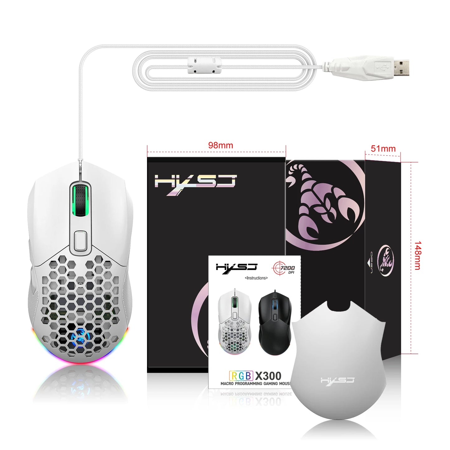Mouse Gamer X300 con Macros 6D, RGB luminoso, DPI ajustable hasta 7200, ergonómico, alámbrico, para laptop y PC