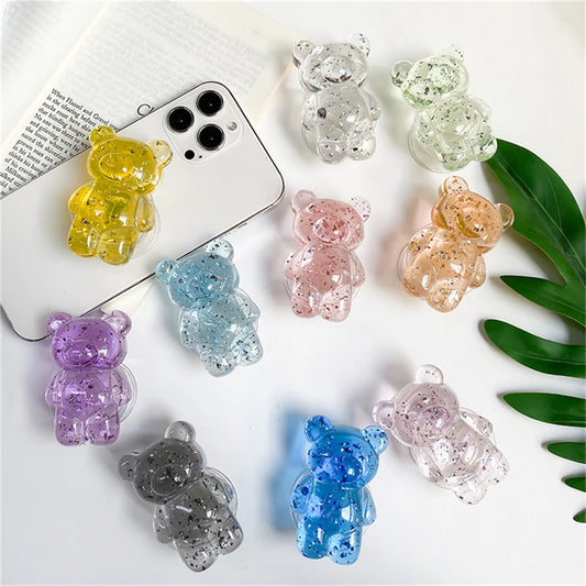 🎀 Soporte de Osito con Brillos – Griptok universal con escarcha y diseño cristalino, soporte para celular cute y brillante