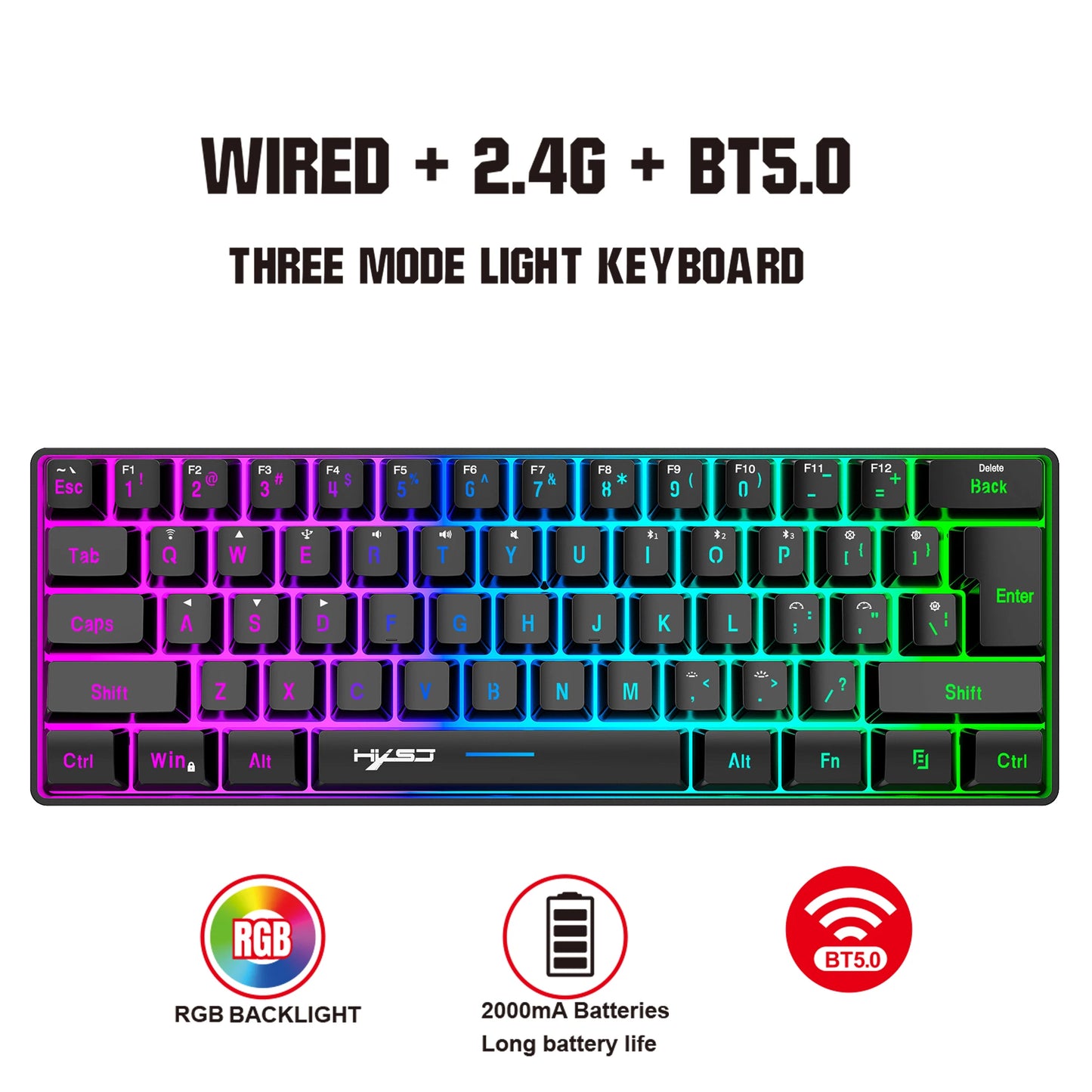 ⌨️ HXSJ Teclado Gamer L500 Tri-Modo | Alámbrico + Inalámbrico 🔄 60% Compacto 💡 Retroiluminación RGB