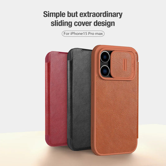 📱 Funda iPhone 15 / 15 Pro | Qin Cuero con Bolsillo y Protección de Lente | Nillkin