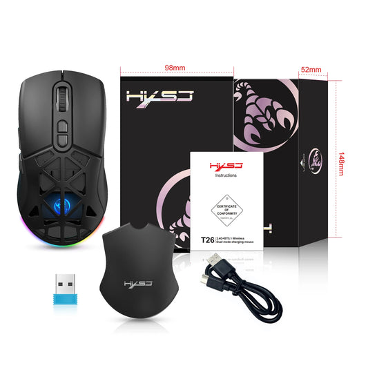 🖱️ HXSJ T26 Mouse gamer dual modo 2.4G+BT5.1 inalámbrico para laptop, 4800DPI ajustable, óptico ergonómico para gamers