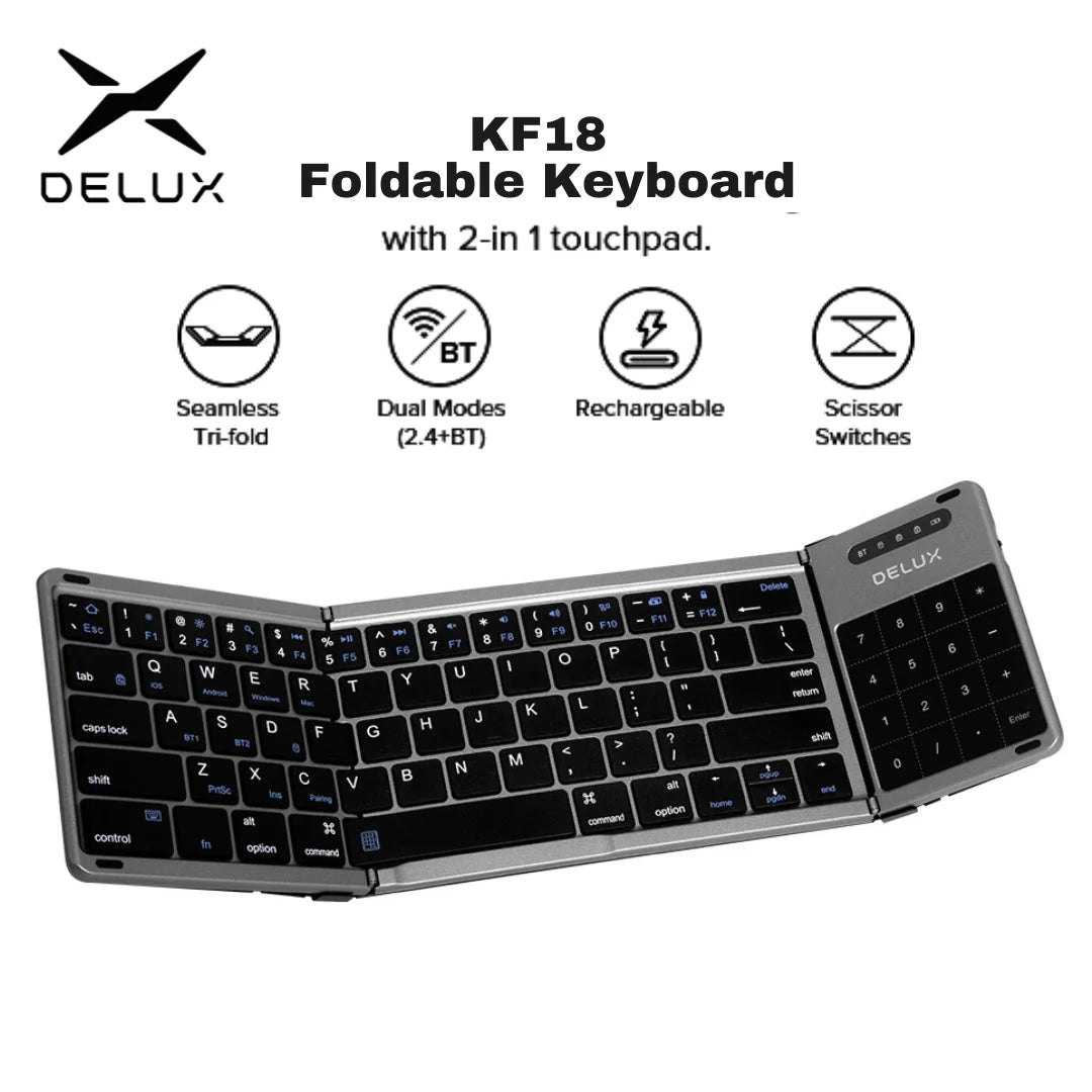 Delux ⌨️ KF18 Teclado Plegable Wireless Bluetooth 2.4G | Recargable Touchpad 2-en-1 Funda de Cuero Portátil Multi-Dispositivo