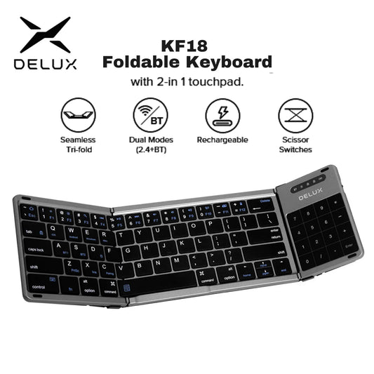Delux ⌨️ KF18 Teclado Plegable Wireless Bluetooth 2.4G | Recargable Touchpad 2-en-1 Funda de Cuero Portátil Multi-Dispositivo