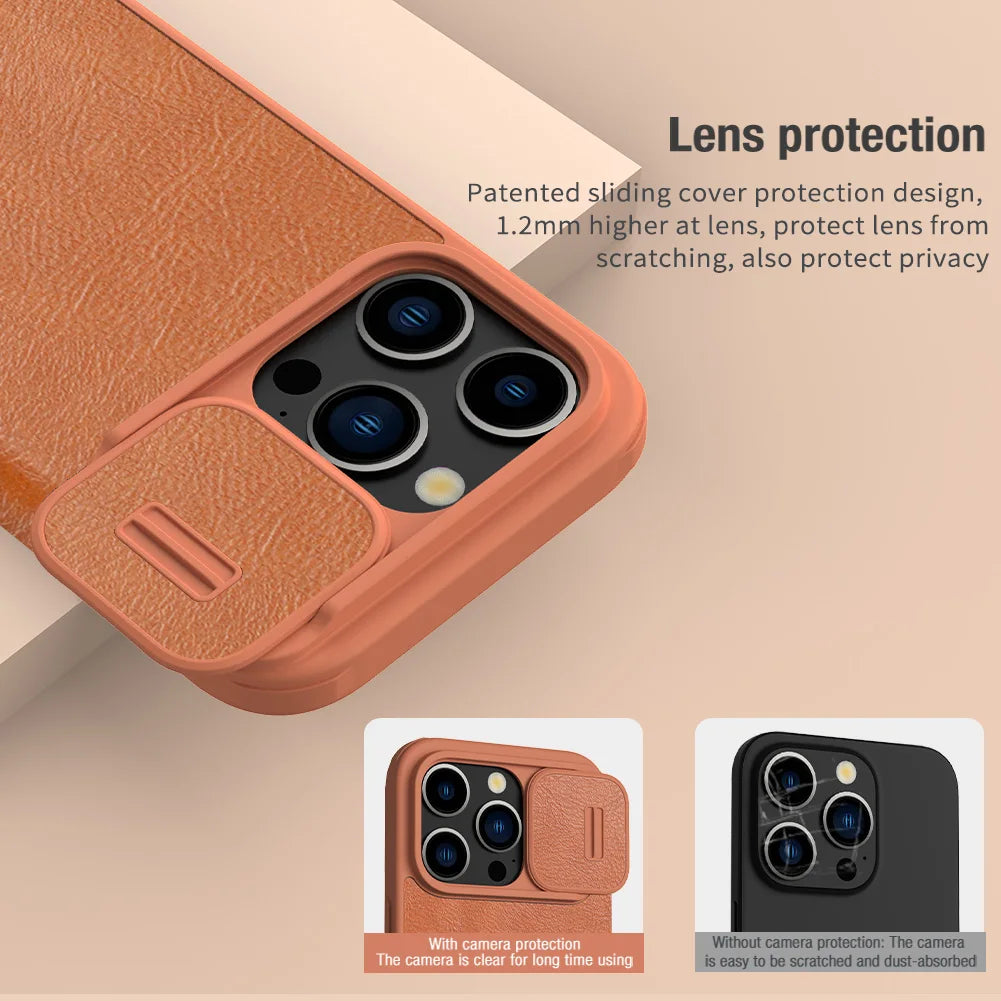 📱 Funda iPhone 15 / 15 Pro | Qin Cuero con Bolsillo y Protección de Lente | Nillkin