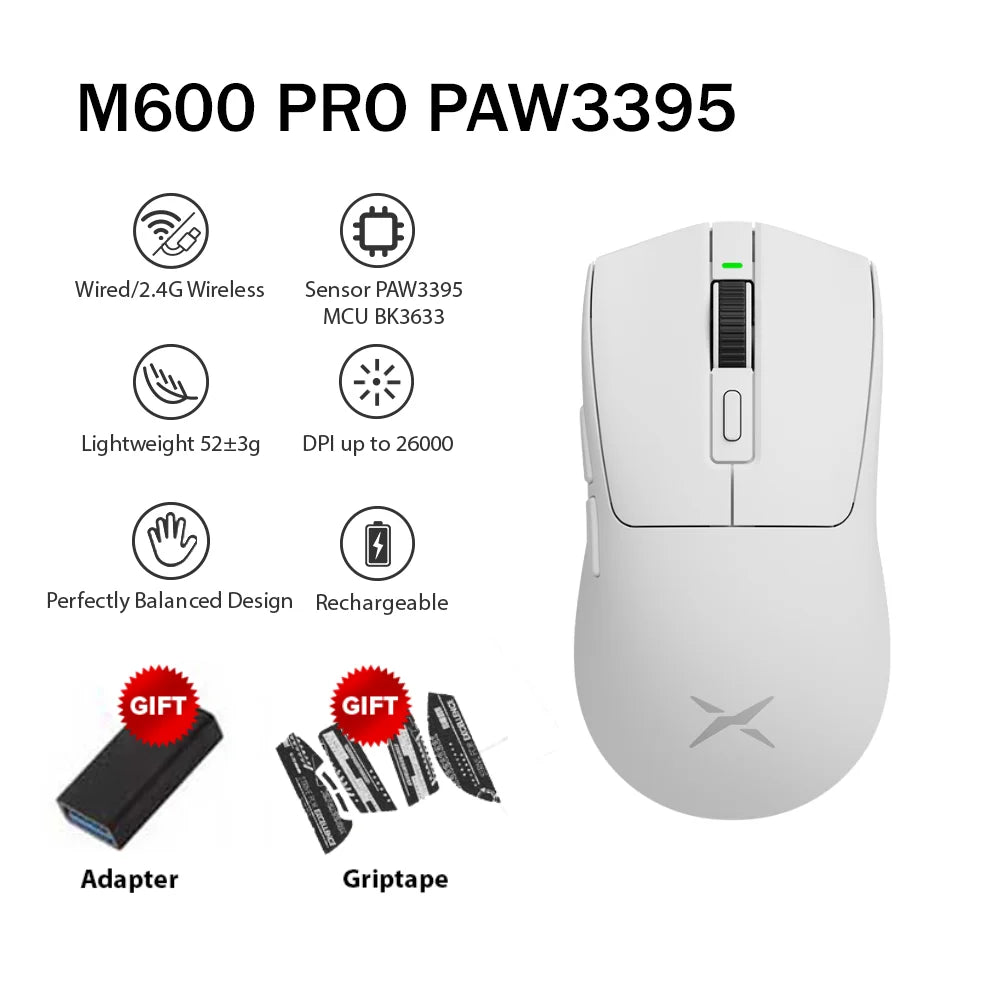 Delux 🖱️ M600 Series Gaming Mouse | 52g Ligero Conexión 2.4G + Alámbrico 26000 DPI Recargable Para PC Gamer y Manos Pequeñas