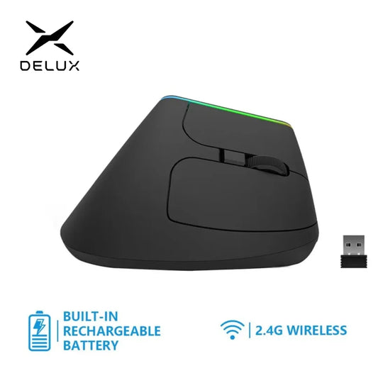 🖱️ Mouse Vertical Ergonómico Delux M618DB – Inalámbrico RGB 1600 DPI