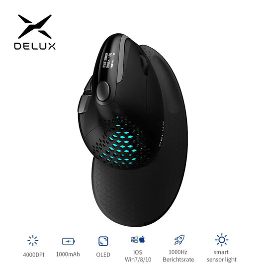 🖱️ Delux Seeker M618XSD con pantalla OLED, inalámbrico USB + BT 5.0 | Mouse vertical ergonómico recargable, 1000Hz, para PC y laptop