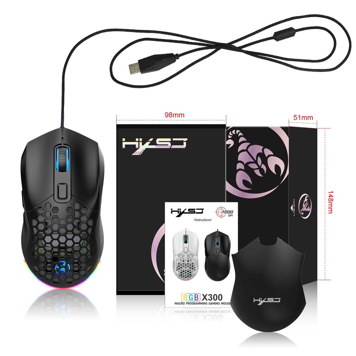 Mouse Gamer X300 con Macros 6D, RGB luminoso, DPI ajustable hasta 7200, ergonómico, alámbrico, para laptop y PC